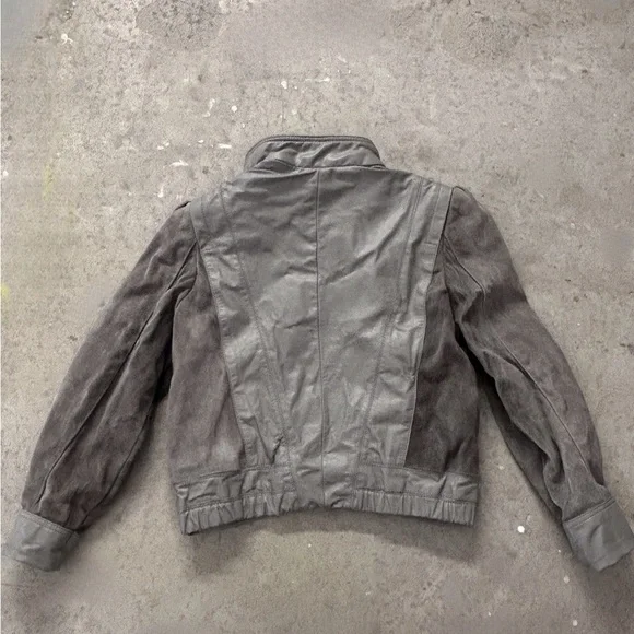 Gray Leather Jacket with Stand-Up Collar and Full-Length Zipper - Picture 9 of 11